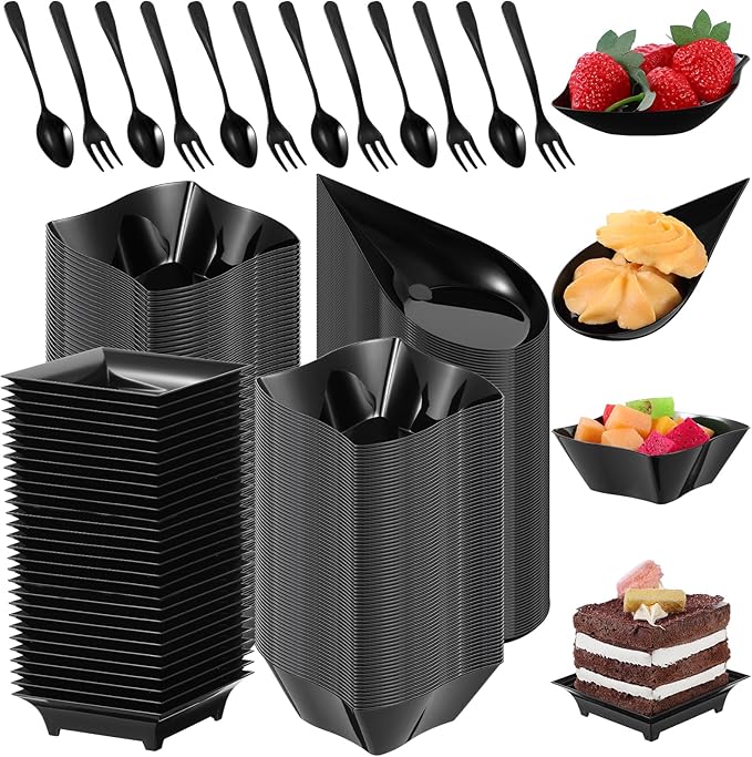 200 Pcs Mini Dessert Plates with Spoons and Forks Disposable Appetizer Plates Set Assorted Shape Dessert Bowls And Serving Trays Plastic Party Plate For Desserts Appetizer Tasting Wedding Events