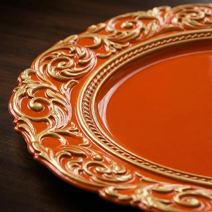 Orange Charger Plates with Gold Embossed Rim, 13 Inch Plastic Charger for Dinner, Party, Wedding, Table Setting. (Set of 6)