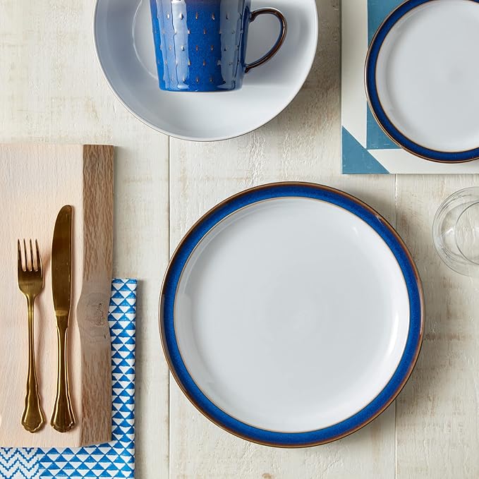 Denby - Imperial Blue Dinner Set for 4-12 Piece Ceramic Tableware Set Blue, White - Dishwasher Microwave Safe Crockery Set - 4 x Dinner Plate, 4 x Small Plate, 4 x Cereal Bowl