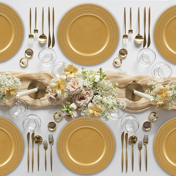 PROY 100 Pcs Gold Charger Plates Bulk,13 Inch Leaf Trim Antique Charger Plate, Plastic Reusable Round Charger Platters for Table Setting, Wedding, Party, Event