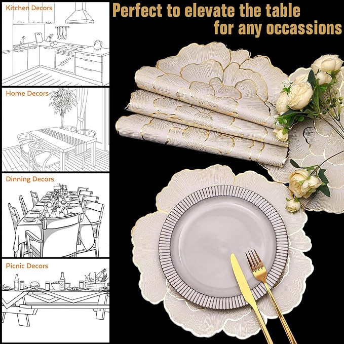 FAVE 12PCS Floral Round Placemats Gold Placemat Vinyl Placemats Set of 12 for Wedding, Banquet, Birthday, Party, Restaurant Table Mats Reusable Metallic Shiny Gold Placemat(Golden Peony, 12PCS)