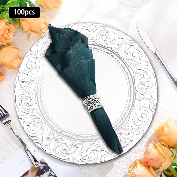 Sliver Plastic Charger Plates Set of 100,13” Reusable Party Chargers for Dinner Plates, Elegant Round Service Plate Chargers Bulk Decorative for Wedding, Catering Table Decor