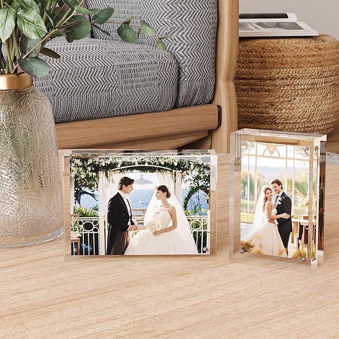 Egofine 5x5 Acrylic Frames 5 Pack, 20mm Thicker Frameless Clear Picture Frames, Double Sided Magnetic Picture Frames, Free Standing Desktop Display