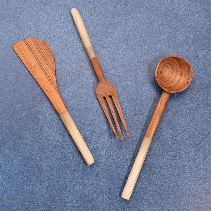 African Olive Wood 3-piece Serving Set with Bone Handles, Handmade in Kenya