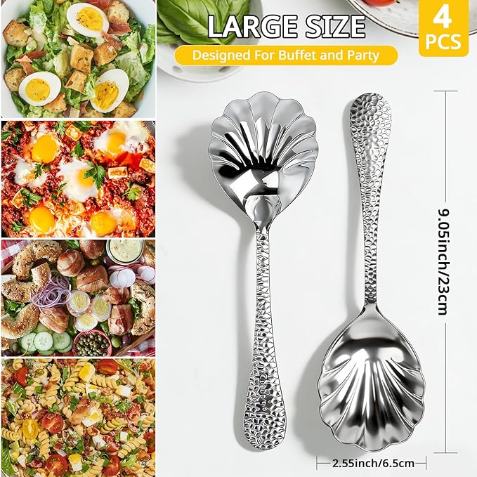 4Pack Serving Spoons 18/10 Stainless Steel Large Serving Spoons Set, Hammered Long Handle Serving Spoons for Buffet, Scalloped Design Serving Utensils for Kitchen Party Buffet Banquet (Silver)