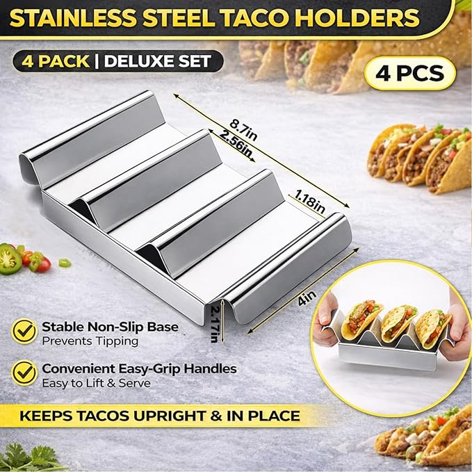 4 Pcs 304 Stainless Taco Holder Bar with Base Taco Stands for 3 Tacos Metal Trays Easy to Clean, Dishwasher Safe, Hot Dog Prep Tray
