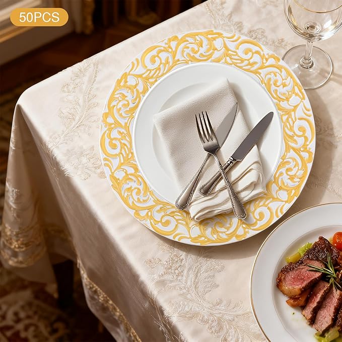 50 Pcs Antique Charger Plates Bulk 13" Round Floral Chargers for Dinner Plates, White Charger Plates for Wedding, Party, Elegant Tabletop Decor (White+Gold)