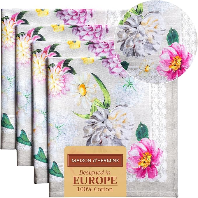 Maison d' Hermine Cloth Napkins Set of 4 100% Cotton Everyday Reusable Square Napkins Cloth Washable, Dinner, Party, Wedding, Restaurant, Spring/Summer (Pivoine, 20" x 20")