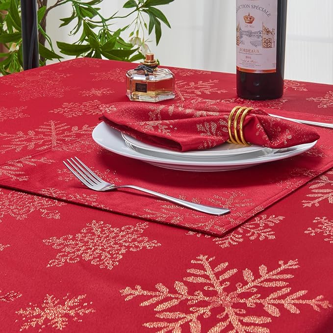Rectangle Fancy Metallic Sparkling Snowflake Christmas Fabric Table Cloth red Hunter Gold Navy White Silver No-Iron Soil Resistant Woven Holiday Table Cover(Red Gold/60x120Inch)