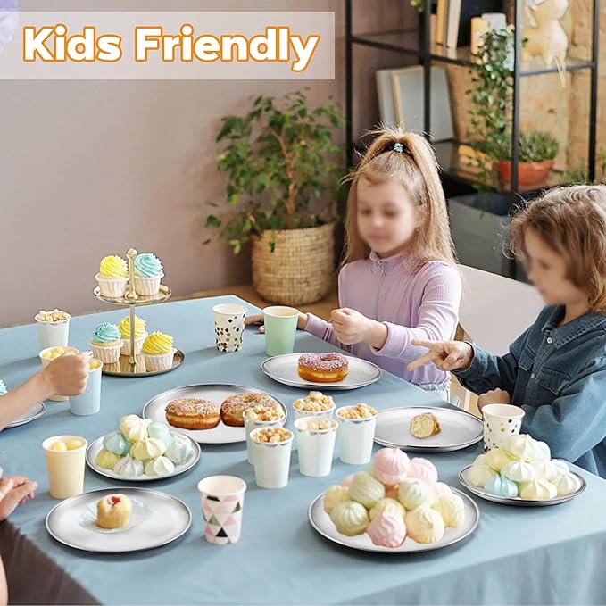 Onader 12-Piece Stainless Steel Plates, 7.8 Inch 304(18/8) Metal Dinner Camping Plates for Kids Toddlers, Round Dishes for Serving, Dishwasher Safe