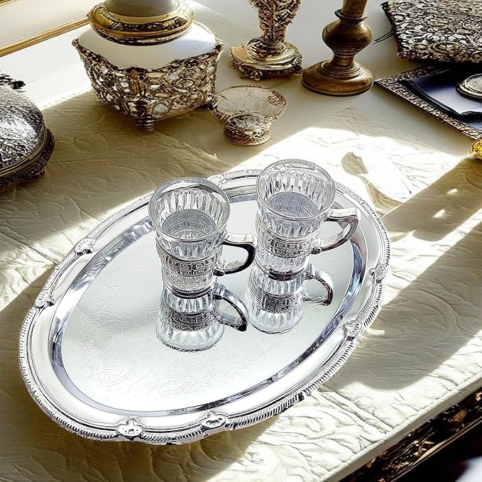 (Pack of 4) 9.4-Inch x 6.4-Inch Oval Shape Chrome Plated Serving Tray Plate Food Art Deco Floral Pattern Engraved Multi-Purpose Party Buffet Wedding Birthday (Small) T125S-4PK