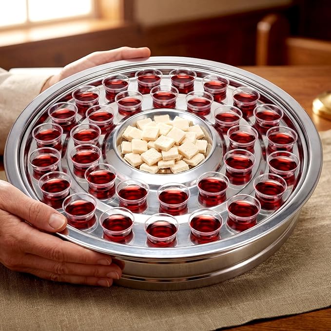 LemonRoad 1 Pcs Holy Communion Trays House up 32 Cups Tary Church Supplies Stainless Steel Portable Communion Plates Set for Churches Chapels Ware Sets (Sliver)
