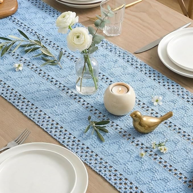 Artoid Mode Sky Blue Farmhouse Woven Rustic Hollow Table Runner, Seasonal Holiday Hollow Kitchen Dining Table Decoration for Home Party Decor 12x90 Inch