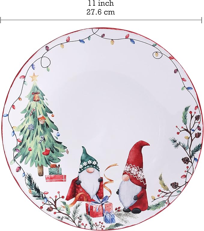Bico Christmas Gnomes Dinner Plates Set of 4, 11 Inch Large Ceramic Plates for Pasta, Steak, Stylish Serving Dishes, Microwave and Dishwasher Safe, Gift for Housewarming and Christmas