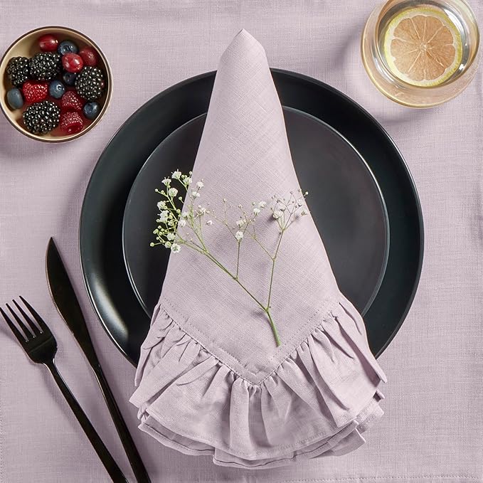 Solino Home Linen Ruffle Napkins Set of 4-100% Pure Linen Lilacs Dinner Napkins Cloth 20 x 20 Inch - Gabrielle Ruffle, Handcrafted and Machine Washable