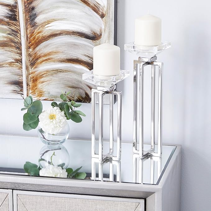 Deco 79 Stainless Steel Metal Geometric Decorative Candle Holder Candle Stand with Diamond Inspired Top, Set of 2 Candlestick Holder 10", 13"H, Silver