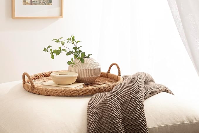 Kate and Laurel Cormont Modern Round Woven Rattan Tray with Handles; 23 Inch Diameter; Natural Rattan; Decorative Circle Boho Tray for Use as Versatile Ottoman Tray or Serving Platter