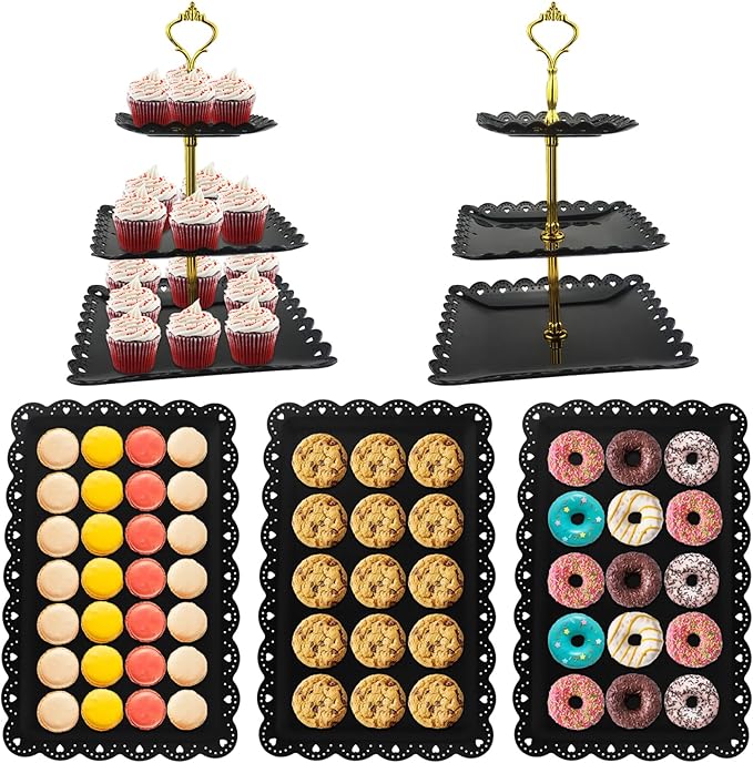 5 Pcs Cupcake Stand Set, Dessert Table Display Set with 2xSquare 3-Tier Cake Stands Holder + 3X Appetizer Trays Suitable for Birthday Wedding Tea Party Baby Shower (Black, Lace Hole Square)
