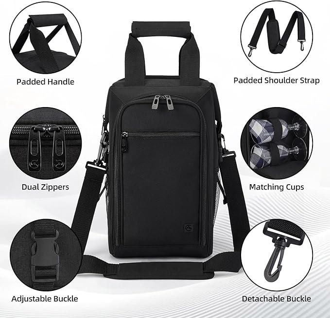 ALLCAMP 4 Bottle Wine Gift Bag - Insulated Tote Cooler, Adjustable Strap, Includes 4 Wine Glasses, Napkins & Corkscrew, Portable Travel Gifting (Black)