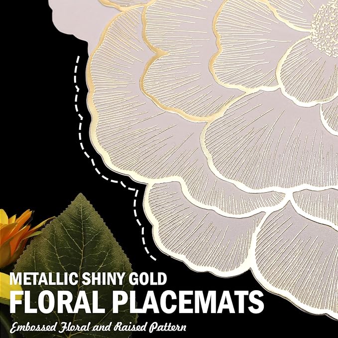 FAVE 12PCS Floral Round Placemats Gold Placemat Vinyl Placemats Set of 12 for Wedding, Banquet, Birthday, Party, Restaurant Table Mats Reusable Metallic Shiny Gold Placemat(Golden Peony, 12PCS)