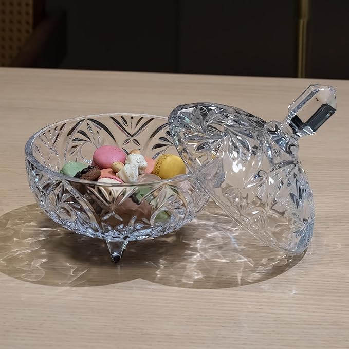 Cystone 27oz Large Glass Candy Dish with Lid, Crystal Candy Bowl, Embossed Decorative Storage Jar for Office Desk, Jewelry Box, Biscuit, Christmas, Wedding, Birthday Gift