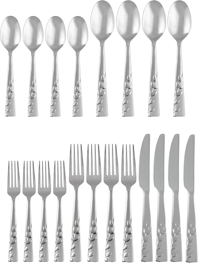 Cambridge Silversmiths 268320R Blossom Sand 20-Piece Flatware Silverware Set, Service for 4, Stainless Steel, Includes Forks/Knives/Spoons, Brushed Finish