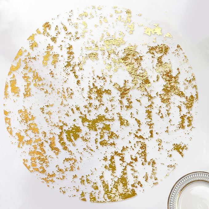 Disposable Gold Placemats Set of 12 Metallic Thin Round 13 Inch Gold Doilies Mesh Pressed Fall Table Placemates 12 Pack Gold Charger Plates for Wedding, Birthday Party
