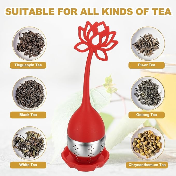 uxcell 2 Pcs Lotus Tea Infuser, Stainless Steel Loose Leaf Tea Steeper Filter with Silicone Handle Reusable Coarse Pores Mesh Strainer Diffuser for Teacups Teapots Mugs, Red
