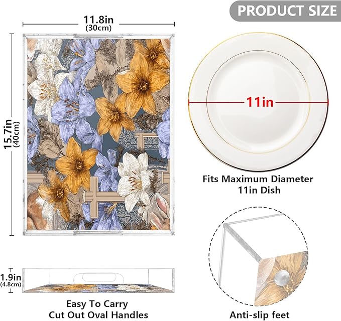 Serving Tray with Handles Clear Acrylic Tray 12x16 Inch Decorative Rectangular Tray Organizer for Ottoman Coffee Table Bathroom Blue Lily Cross Easter