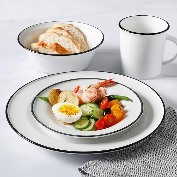 Martha Stewart Cliffield 16-Piece Porcelain Chip and Scratch Resistant Dinnerware Set - White w/Black Rim