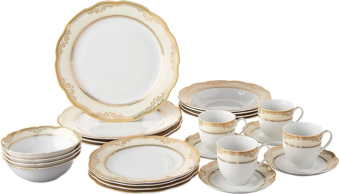 Lorren Home Trends Isabella-24 24 Piece Isabella Design Porcelain Wavy Edge Dinnerware Set, White