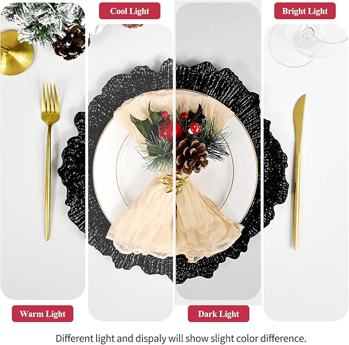 24 Pack Black Charger Plates Bulk, 13" Plastic Reef Chargers for Dinner Plates, Round Charger Plate with Floral Reef Design for Dinner Wedding Party Table Setting Decoration