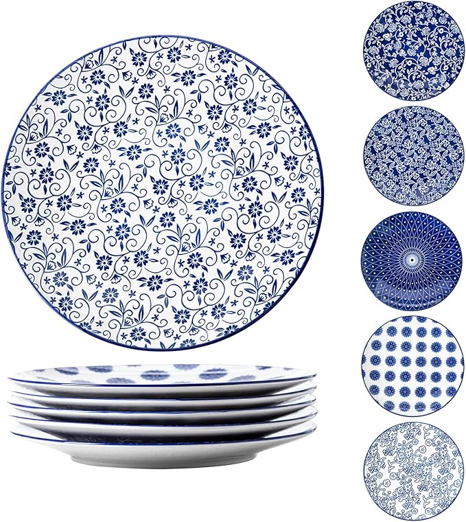 Ceramic Dinner Plates Set - 10.5 Inch Large Kitchen Porcelain Salad Serving - Scratch Resistant Microwave Oven Dishwasher Safe - Dishes for Pizza Pancakes Pasta Steak - Set of 6 - Vintage Blue