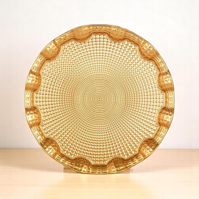 Alisveristime Round Metal Serving Tray for Two – Ottoman Motif, (9.8" Diameter, 10.2 oz) (Gold)