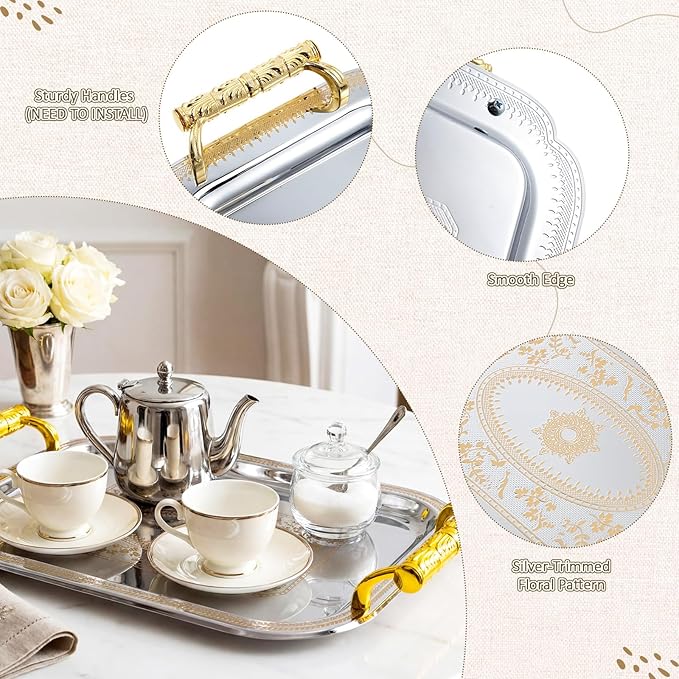 3 Pack Stainless Steel Serving Tray with Gold Handle Silver Metal Plate Platter Coffee Tea Serving Tray Floral Table Platter for Buffet Wedding Party Jewelry(Rectangle)