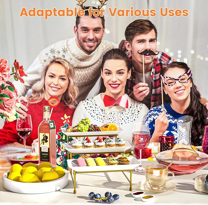 3 Tier Serving Tray for Party, 12"x6" Tiered Serving Platters with Steel Display Stand for Sevring Food,Cookies,Veggie, Dessert,Fruit, Gold