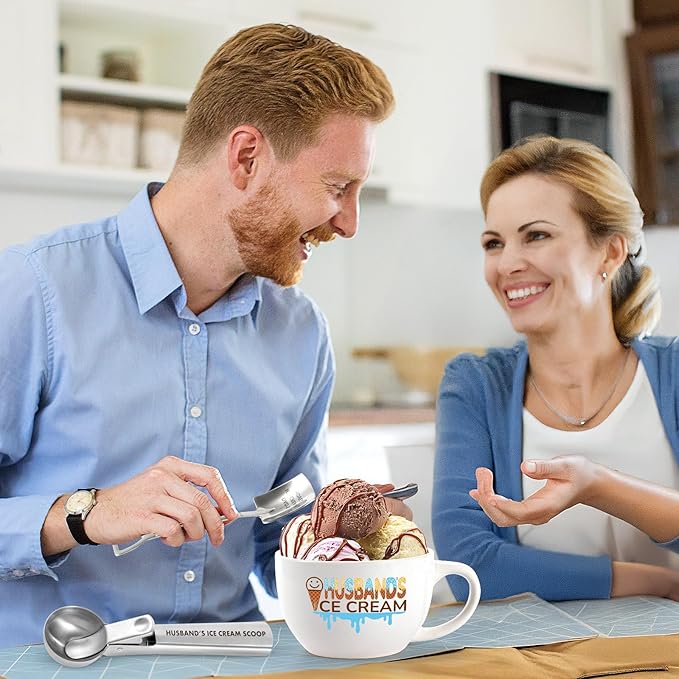 Christmas Gifts for Husband from Wife, Husband's Gifts for Valentine's Day,Anniversary,Birthday, Ice Cream Bowl and Scoop Set with Shovel – Funny Husband Present