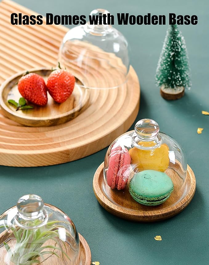 Charcuterie Snow Globe Container, Charcuterie Snow Globes, Mini Cake Stand with Dome Lid, Glass Dessert Dome with Wood Base, Small Cake Display Server Tray for Kitchen, Birthday Party, Wedding (1set)