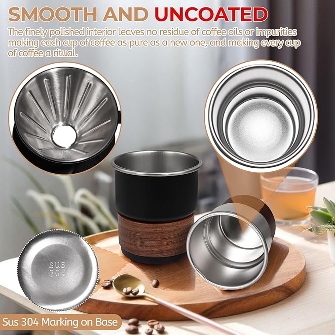 Uncoated Pour Over Coffee Maker 300ml Portable Cup 304 Thickened Stainless Steel Drip Coffeemaker Set with 50pcs V60 Cone Paper Filters Hand Brew Dripper Carafe for Home Camping Travel 10.2oz Black