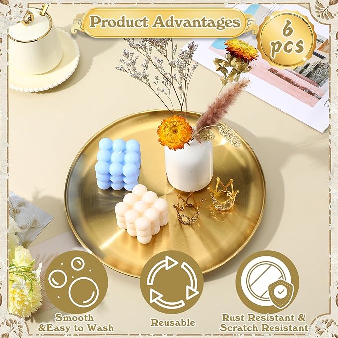 6 Pcs Gold Serving Trays, 12 Inch Stainless Steel Round Decorative Serving Table Food Circle Tray for Coffee Bar Home Bathroom Candle Wedding Party Makeup Organizer Perfume Countertop