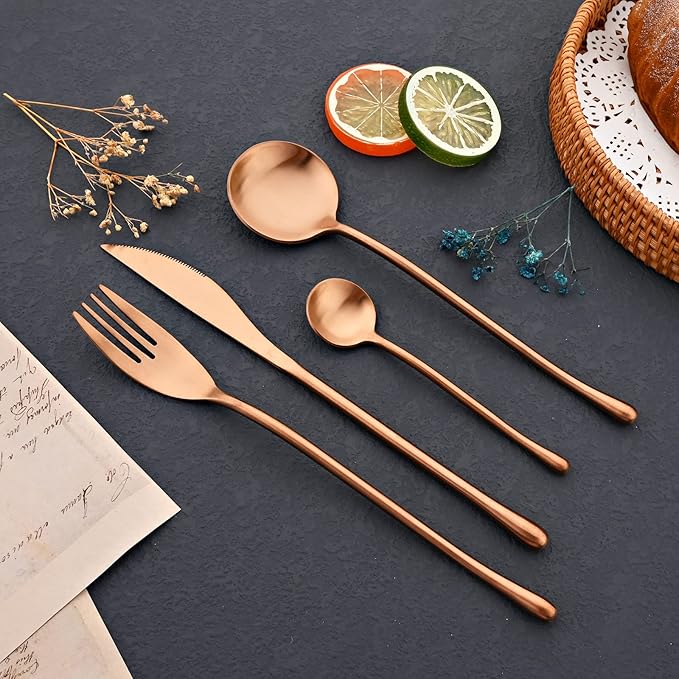 JASHII 304 Flatware Set Matte Copper Silverware Set Satin Finished 18/8 Stainless Steel Cutlery Set with Round Handle 24 Piece Wedding Housewarming Gift Service for 6 - Rose Gold
