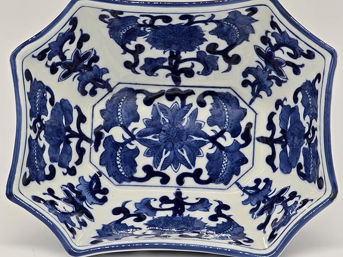 Blue and White Long Octagon Serving Bowls, Salad Bowls, Fruit Bowls (7")