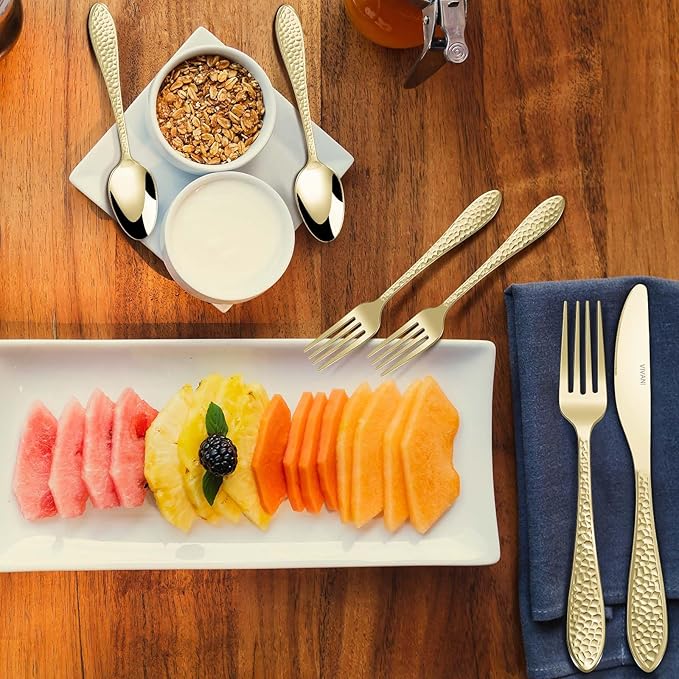 VIVANI 40-Piece Champagne Gold Silverware Set, Food-Grade Stainless Steel Gold Flatware Set for 8, Hammered Cutlery Set for Home, Restaurant, Wedding, Cafes, Dishwasher Safe