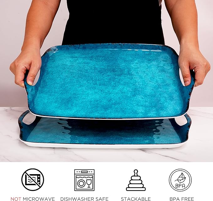 TP Large Serving Trays with Handles, 19" x 12" Melamine Serving Platters for Food, Turkey, Set of 2 Rectangular Trays for Party, Retro Teal