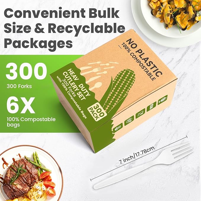 Heavy Duty Compostable Forks (300Pack), Eco-Friendly Heavyweight No-Plastic Fork - 100% Disposable Forks Cornstarch Flatware for Lounge Party Wedding BBQ Picnic Camping (300Pack Forks Only)