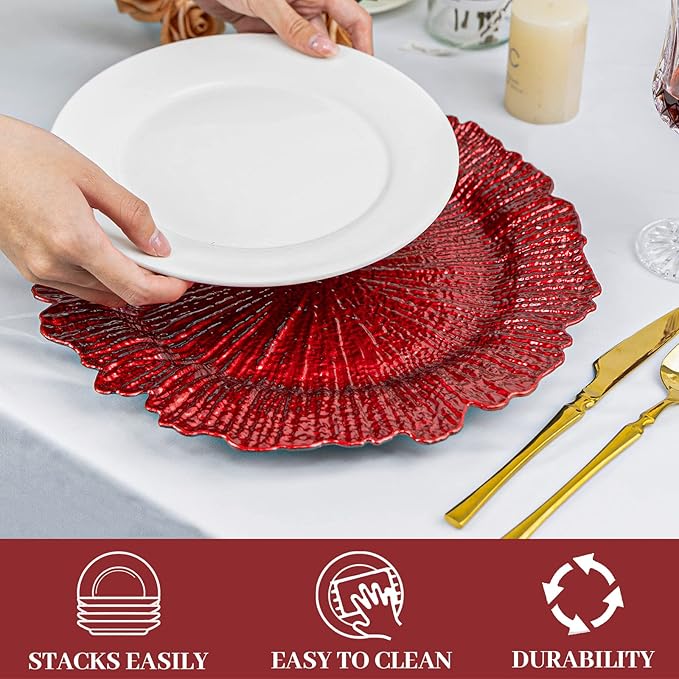 MAONAME Red Charger Plates, Set of 6, Reef Plates Charger for Dinner Plate,13-inch Plastic Chargers for Wedding Decor