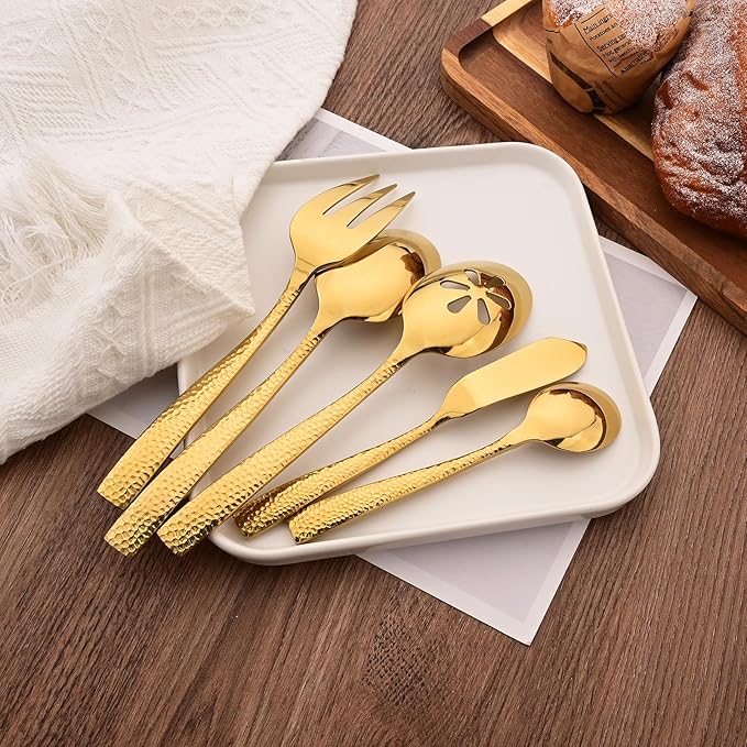 Serving Utensils Set, 5-Piece 18/8 Stainless Steel Hostess Serving Set, Elegant Hammered Serving Utensils for Home Restaurant and Buffet Catering, Heavy and Mirror Polished, Gold