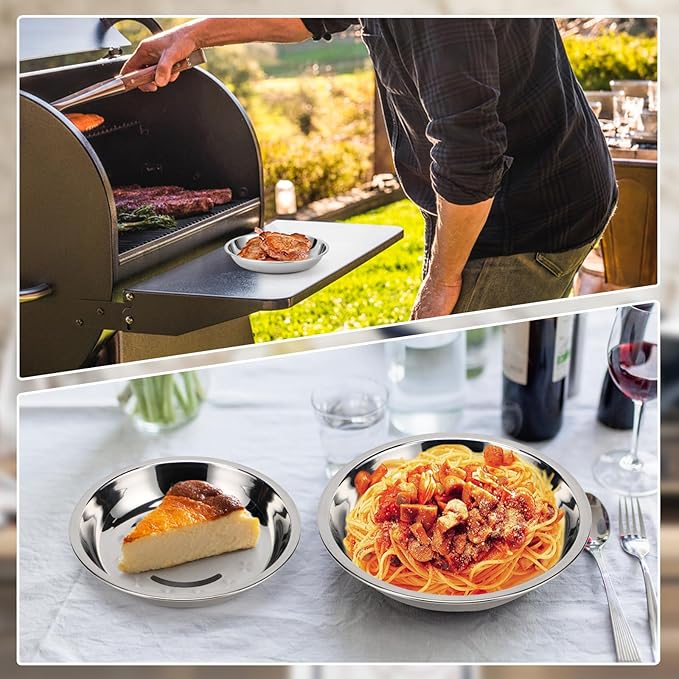 8 Patterned Deep Stainless Steel Plates, 7.8 inch 304(18/8) Metal Camping Plate, Reusable Food Serving Snack Eating Dishes Round Shatterproof Silver BBQ Dinner Dinnerware Oven Dishwasher Safe
