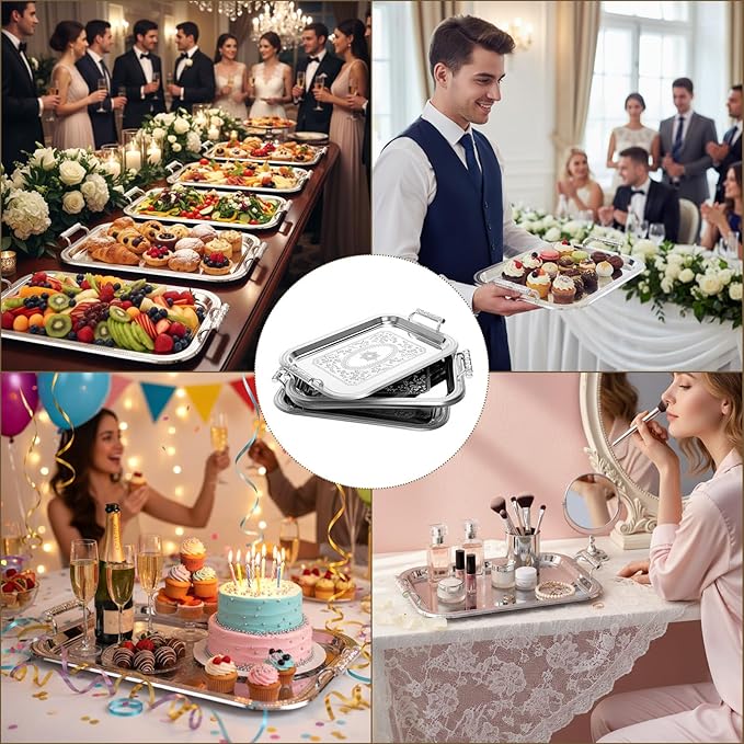 4 Pack Stainless Steel Serving Tray with Handle, 16 x 11.4 Inch Large Silver Plate Elegant Floral Metal Platter Tableware for Buffet Wedding Birthday Decorative