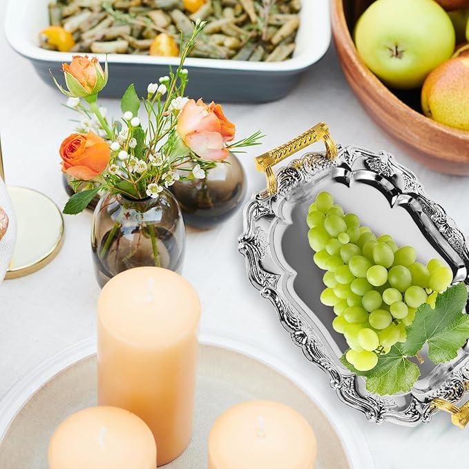 European Style Vintage Thickened Round Stainless Steel Serving Tray with Handles for Hotels Restaurants Home Dining Table Snack Fruit Food Platter